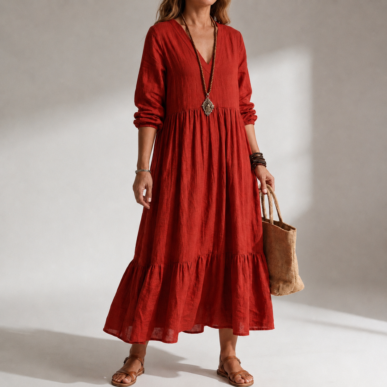 Megan of London™ Relaxed, Loose-Fitting Maxi Dress in Cotton and Linen Blend