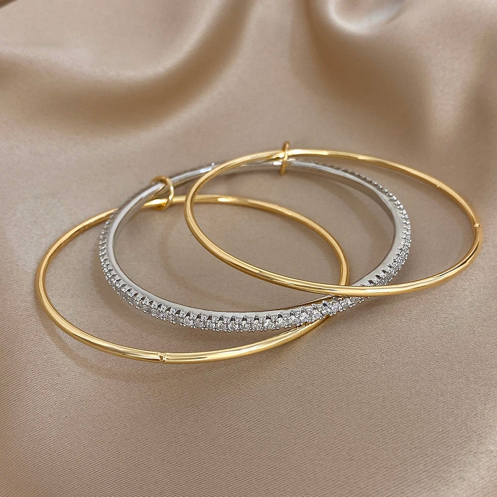 Set of 3 Smooth Two-Tone Rhinestone Bracelets