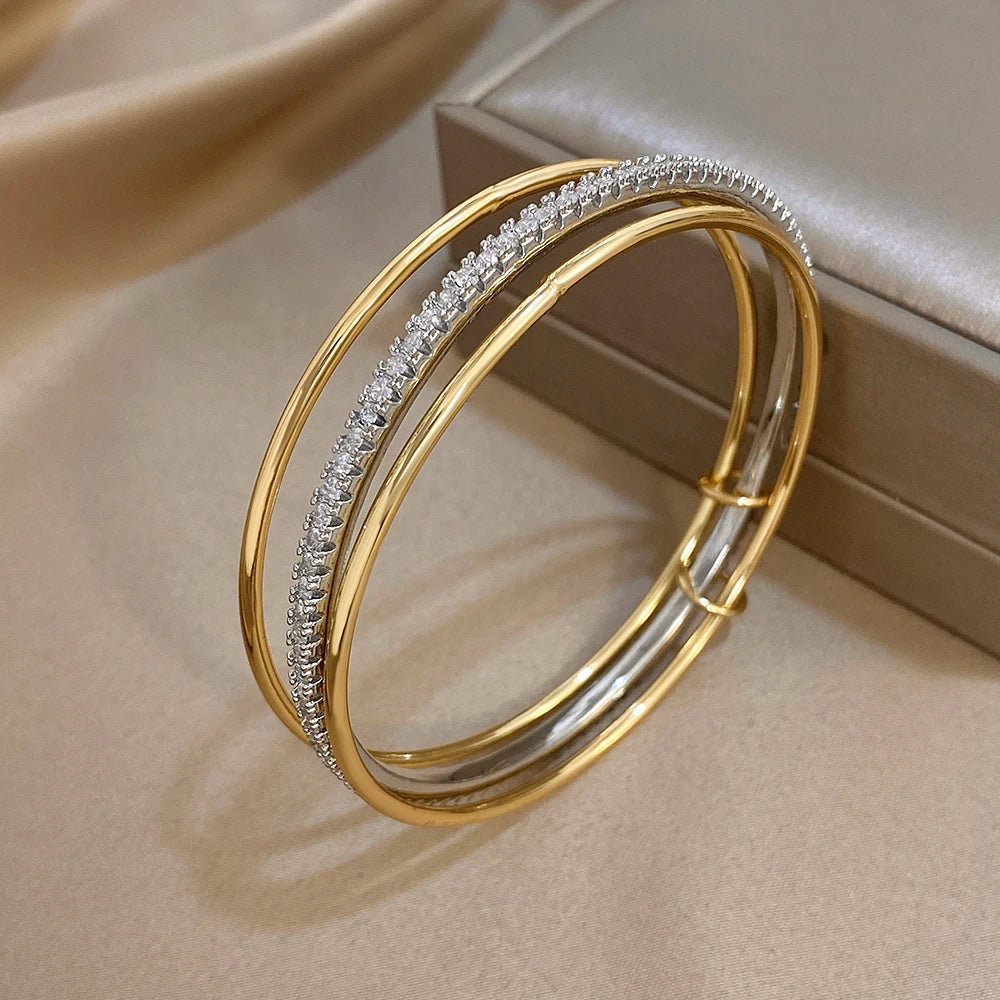 Set of 3 Smooth Two-Tone Rhinestone Bracelets
