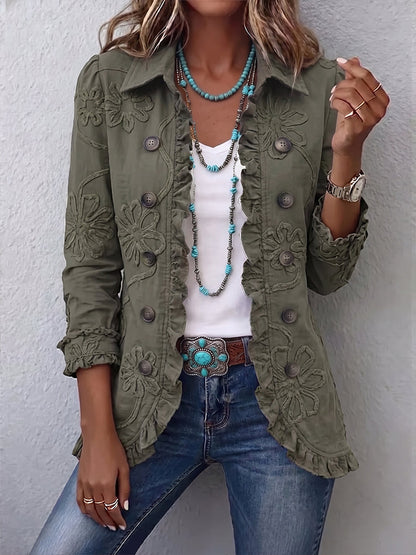 Kimberly™ | Boho-Chic Floral Embroidered Utility Ruffled Trim Jacket