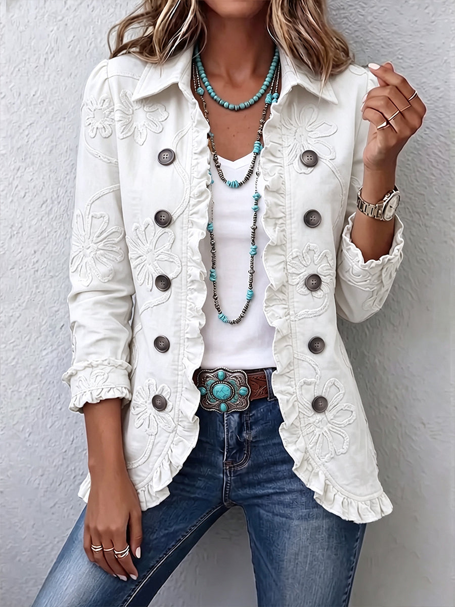 Kimberly™ | Boho-Chic Floral Embroidered Utility Ruffled Trim Jacket